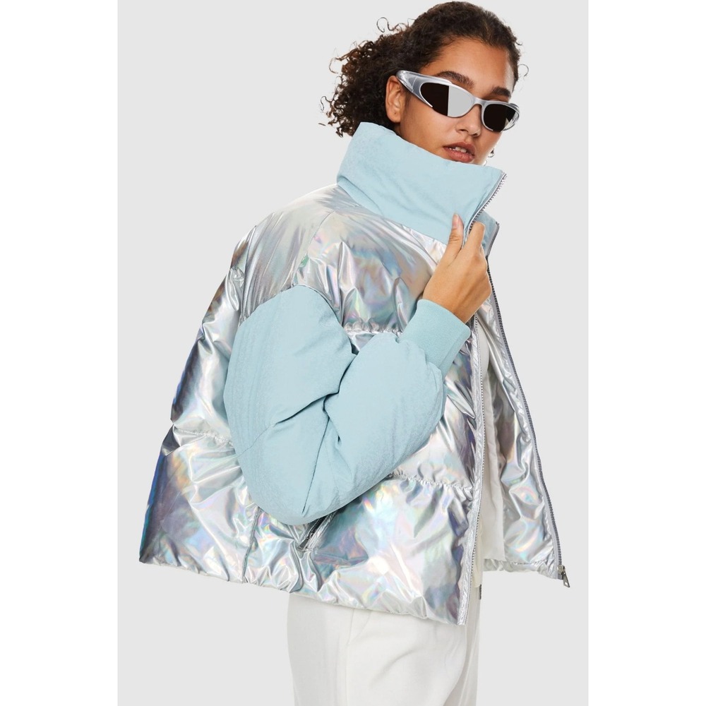 Orolay Women Silver Blue Puffer Jacket L 700+ Fill Down Cropped Coat NEW